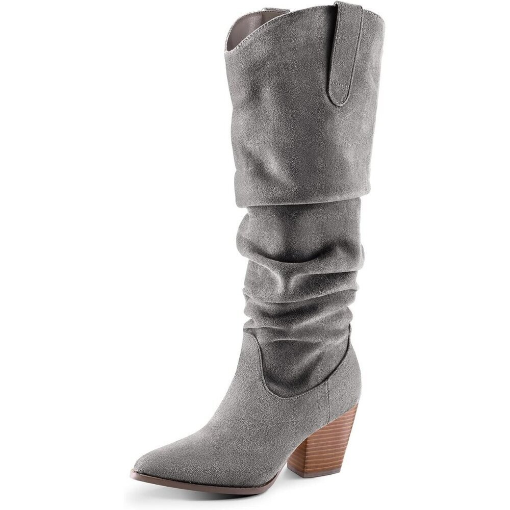 Women's Grey mysoft Cowboy Knee-High Boots Pointed Toe Mid Heel Pull On Slouchy